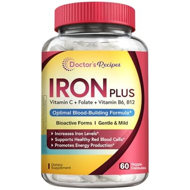 Doctor's Recipes Iron Supplement, Iron Bisglycinate with Vitamin C, B6, Folate & B12, Non-Constipating, Stomach Friendly, Gentle Iron Pills for Iron Deficiency, Blood & Energy Support, 60 Vegan Caps