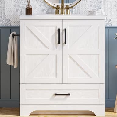 IRONCK Bathroom Vanity, 30" Bathroom Vanity with Sink, Farmhouse Wood Fixture Stand Pedestal Bathroom Cabinet with Drawer, Easy Assembly