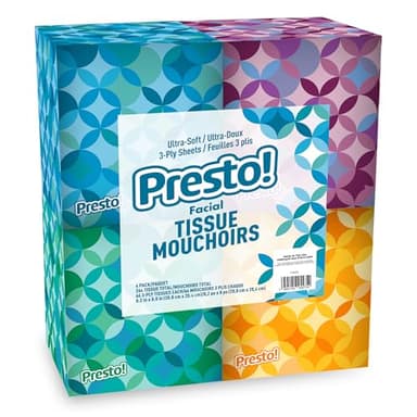 Amazon Brand - Presto! Ultra-Soft 3-Ply Premium Facial Tissues, 264 Count (4 Cube Boxes of 66), Packaging May Vary