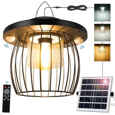 Solar Shed Lights with 2 Motion Sensors, Classic Metal Solar Chandelier Outdoor with 5 Lighting Modes, Waterproof Pendant Lamp with Remote Control for Barn, Gazebo, Garden, Patio(16.4FT Cord)