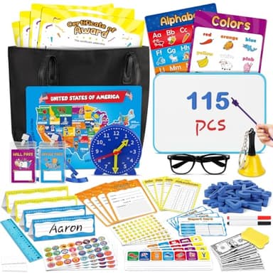 SkilLify Pretend Play Teacher Set for Kids, Classroom Role Playset with Whiteboard, Magnetic Numbers, Alphabet Posters, USA Maps, Money Games, Teacher Supplies Educational Toys Gift for Boys Girls
