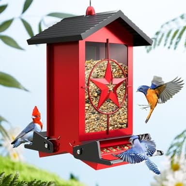 Squirrel Proof Bird Feeder for Outdoors Hanging, Metal Wild Bird Seed Feeder with Bilateral Weight-Activated Perches, 5LB Large Capacity Wild Bird Feeders for Outside Finch, Cardinal, Blue Jay
