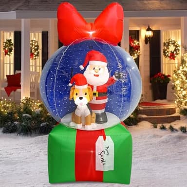 UniqSeason 8Ft Christmas Inflatable Snow Globe Decoration with Santa & Puppy in Xmas Snow Ball Blow Ups with Gifts Box Built-in LED Lights for Snowglobe Inflatable Outdoor Christmas Decoration