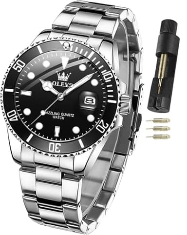 OLEVS Black Watches for Men Classic with Date Business Dress Luxury Large Face Green/Silver/Blue Waterproof Luminous Mens Watches Analog Two Tone Watch Stainless Steel Relojes para Hombres