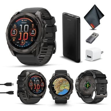 Garmin Fenix 8 51MM AMOLED Sapphire Premium Multisport GPS Smartwatch Carbon Gray DLC Titanium with Gray Silicone Band, Built-in LED Flashlight, Health & Fitness Smart Watch Bundle for Men & Women