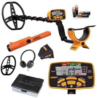 Garrett ACE 400 Metal Detector Bundle – Made in The USA - Digital Target ID, Iron Audio, Adjustable Frequency, Includes Pro-Pointer at, Finders Box, Headphones & Searchcoil Cover