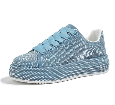LUCKY STEP Rhinestone Sneakers for Women Platform Sparkly Glitter Bling Tennis Shoes Fashion Bedazzled Wedding Bridal Party Walking Sneakers(Blue Rhinestone,8.5)