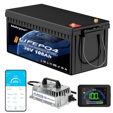 36V 105Ah LiFePO4 battery, built-in Bluetooth 200A BMS and LCD display, IP65 waterproof and dustproof, with 43.8V 25A lithium battery charger, peak current 1000A, perfect for golf carts