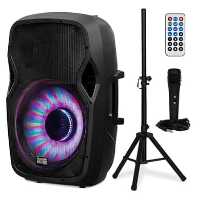 Acoustic Audio by Goldwood 1000W Bluetooth Speaker w/ Flashing LED, Large Plug-In PA System w/ Stand, Mic, & Remote for Karaoke, DJ, or Tailgate Party