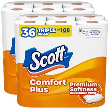 Scott ComfortPlus Toilet Paper, 36 Triple Rolls, 231 Sheets per Roll, Septic-Safe, 1-Ply Toilet Tissue