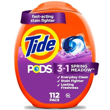 Tide PODS laundry detergent pacs, 3-in-1 Stain Remover, Odor Fighter, Color Protector, 112 Count, HE compatible, Spring Meadow Scent