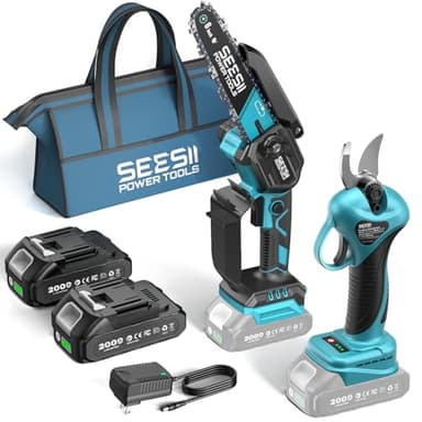 SEESII Mini Chainsaw & Electric Pruning Shears Combo, 6-inch Brushless Handheld Power Chain Saw, 1.2” Cutting Cordless Pruner for Tree Trimming, Tools Kit with 2x2000mAh Batteries, Fast Charger