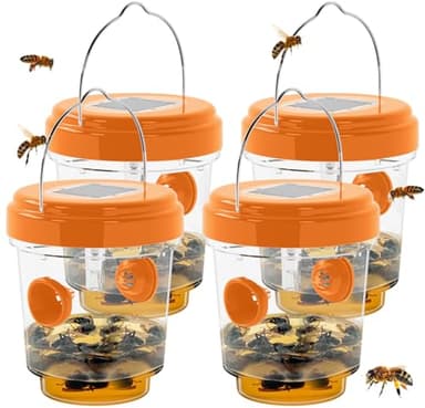 Wasp Traps for Hunting Wasps, Bees, Hornets, Insects, Yellow Jacket Traps, Wasp Trap Catcher, Reusable Solar Powered Hanging for Outdoor, 4 Packs