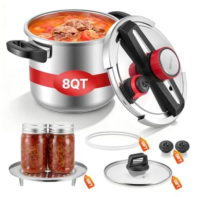 VEVOR Pressure Cooker, 8Qt Pressure Cooker Stainless Steel, Pressures Canner with Steaming Rack, Tempered Glass Lid, Three Pressures Settings for Meat, Beans, Rice, Soup, Sauces, Cook up to 100 kPa