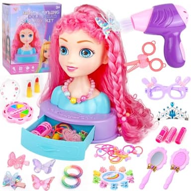 Kryonixty 4-in-1 Doll Head for Hair Styling Kids-9Inch,41pcs Hair Salon Toys Makeup Kit Princess Accessories Pretend Play Toys Birthday Gifts for 3-8 Year Old Girls