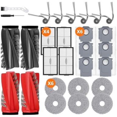 28 Pack Saros 10R Accessories for Roborock Saros 10R/Saros 20/Qrevo CurvX/G20s Ultra Replacement Part with 2 Red Roller,2 Black Roller,4 Hepa,6 Mop,6 Dust Bag,6 Side Brush,1 Screwdriver,1 Brush