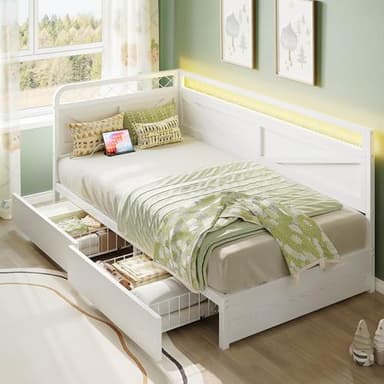 ANCTOR Twin Daybed with Storage Drawers, Corner Bed Frame with LED Lights and Charging Station for Living Room, Bedroom and Guest Room, White