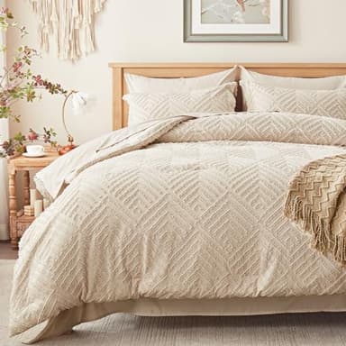 Zzlpp Queen Comforter Set 7 Pieces, Beige Bed in a Bag Queen Size, Tufted Boho Bedding Set with 1 Comforter, 2 Pillow Shams, 2 Pillowcases, 1 Flat Sheet, 1 Fitted Sheet