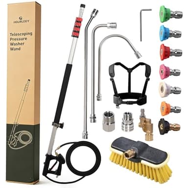 Hourleey 24 FT Telescoping Pressure Washer Wand, Power Washer Extension Wand with Brush Head, Gutter Cleaner, 3 Curve Wands, Adjustable Support Belt, Pivoting Coupler, 7 Spray Nozzles, 4000 PSI