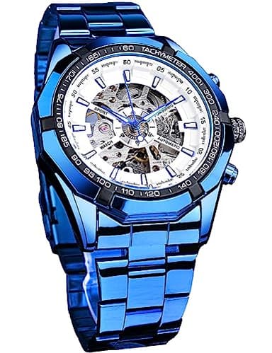FORSINING Men's Watch Self-Wind Skeleton Hollow Out Mechanical Automatic Luxury Watches, Blue Black Stainless Steel Band Waterproof Wristwatch, Blue White