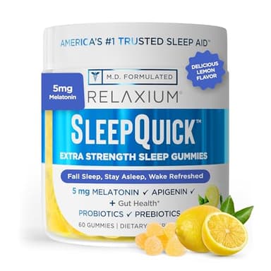Relaxium SleepQuick Gummies - Sleep Aid + Gut Health & Immune Support, 5 mg Melatonin, Vitamin D-3 + Prebiotic & Probiotic Blend, Gluten & Drug Free, Lemon Flavor, 60 Gummies
