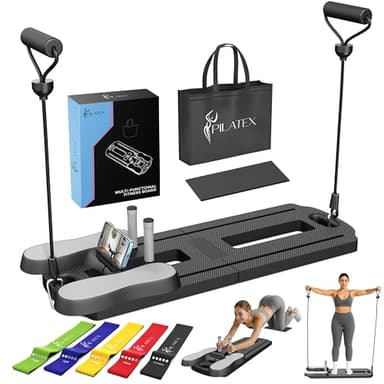 PILATEX Pilates Board – Foldable Pilates Reformer with Resistance Bands, Bar & Travel Bag – Full-Body Strength & Ab Training Equipment for Women & Men, 15 in 1 (Black, Starter)