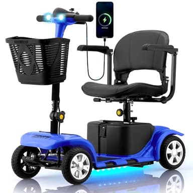 Mobility Scooter for Adults, Senior, 4 Wheels Electric Powered Chargeable Device for Travel, Lightweight Mobility Scooter, with LED Headlights and Basket, Charger Included