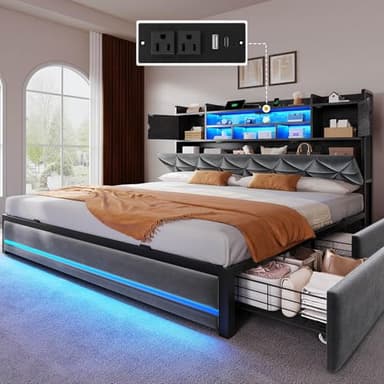 YITAHOME King Size Bed Frame with RGB LED Lights & Storage Bookcase Headboard, Upholstered Bed with Charging Station and 4 Drawers, No Box Spring Needed, Easy Assembly, Noise-Free, Velvet Grey