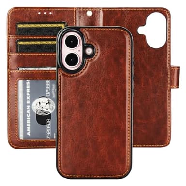 Bocasal Detachable Wallet Case for iPhone 16 RFID Blocking Card Slots Holder Premium PU Leather Magnetic Kickstand Shockproof Wrist Strap Removable Flip Protective Cover 5G 6.1 inch (Brown)