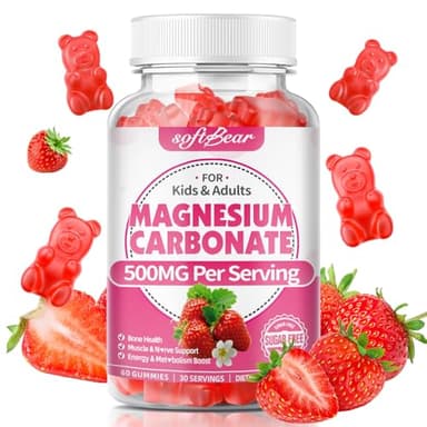 softbear Magnesium Carbonate Gummies 500mg, Sugar-Free Magnesium Supplement Gummies for Adults & Kids Support Bone & Muscle & Digestive Health, Vegan/Organic, Strawberry Flavor 60 Count