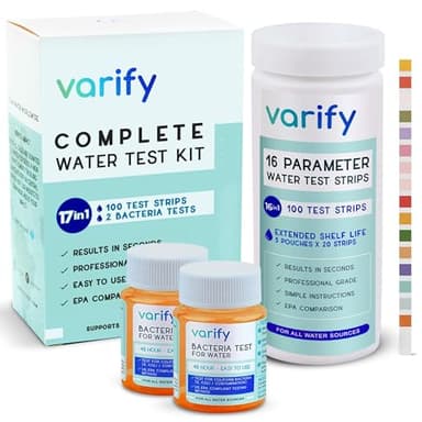 Varify 17in1 Complete Drinking Water Test Kit - 100 Strips + 2 Bacteria Tester Kits - Well, Tap, Home, City Water Testing Strip for Lead, Alkaline, Chlorine, Hardness, Iron, Fluoride, Copper & More