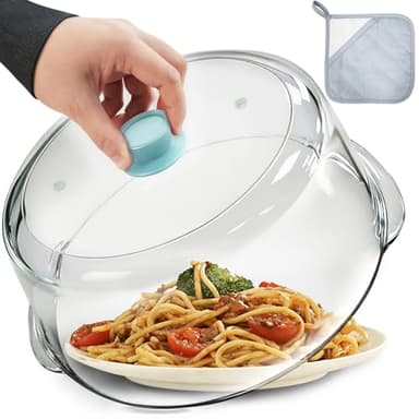 Tall Glass Microwave Splatter Cover for Food with Vent Hole 100% Food Safe 10in Plate Splatter Guard Lid with Silicone Knob BPA Free Cookware Serving Dish Cover Dishwasher Safe