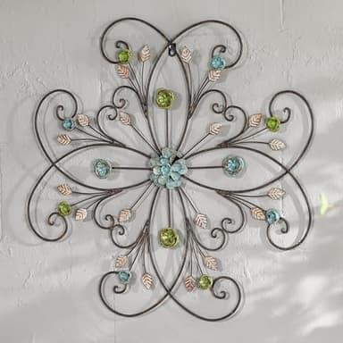 Phaxth 24" Metal Flower Wall Art Decor with Rust Leaf, Large Scroll Outdoor Wall Art Decor