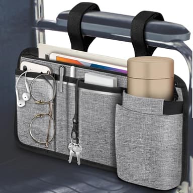 FINPAC Wheelchair Side Storage Bag w/Cup Holder, Wheelchair Armrest Accessories Pouch with Pen Slot and Reflective Strips for Power Walkers, Rollators, Seniors - Gray