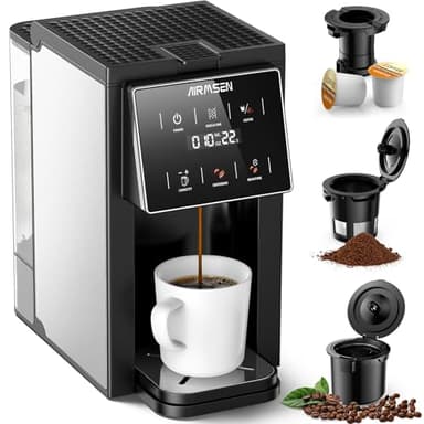 AIRMSEN Grind & Brew Coffee Maker with Built-in Grinder (2026 Model) - Single-Serve, Compatible with K-Cup Pods & Ground, 1000W Fast 6-14oz Brewer, Descaling Alert, Touchscreen & 50oz Removable Tank