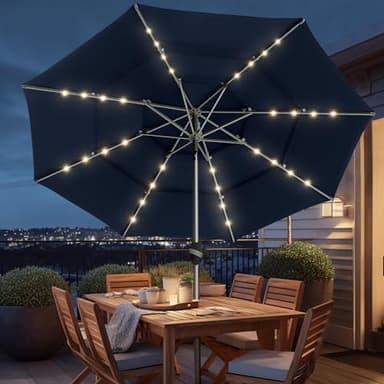 BLUU 9 Ft 3 Tiers Patio Umbrella with Solar LED Lights, 5-YEAR Fade-Resistant Aluminum Outdoor Table Umbrella with Tilt Adjustment and Crank for Pool, Deck, Garden and Lawn, Navy Blue