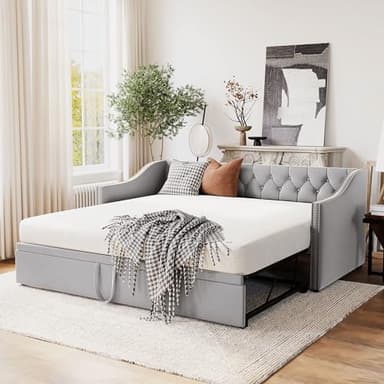 XD Designs Upholstered Daybed with Pop Up Trundle, Twin to King Size Velvet Upholstery Daybed Sofa Bed with Armrests for Bedroom Guest Room Living Room, Maximize Space (Grey-23)