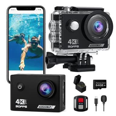 Action Camera 4K30fps with 64G SD Card,HD Waterproof Camera 131ft Underwater Cameras 20MP Pre-Recording WiFi Camera 170° Remote Control Sports Cameras with 2 Batteries Helmet Mount Accessories Kits
