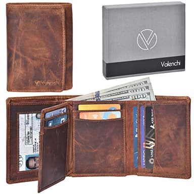 VALENCHI-RFID Genuine Leather Trifold Wallet with Flap for Men and Women 9 card slots,2 Note pocket coin pocket & ID window(Cognac Vintage)