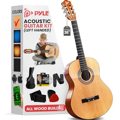 Pyle Left Handed Beginner Acoustic Guitar Kit, 3/4 Junior Size All Wood Instrument for Kids, Adults, 36" Natural Gloss