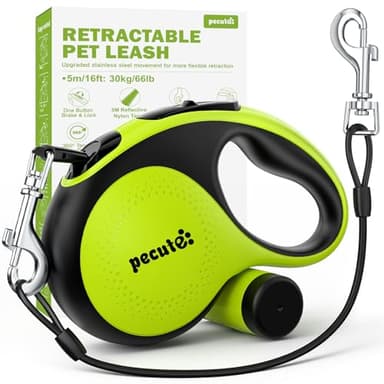 Pecute Retractable Dog Leash with Chew Proof Cable - 18,2 ft Heavy Duty Retractable Pet Leash with Dispenser and Poop Bags, Anti-Slip Handle, Reflective Leashes for Small Medium Dog Up to 66 lbs