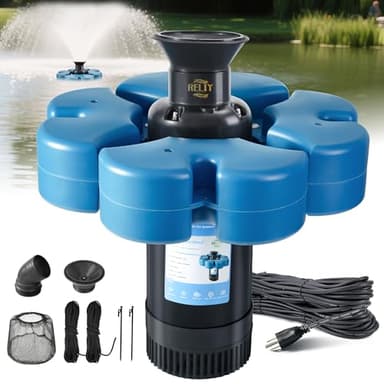 RELIY Pond Fountain Aerator, 1HP 110V 15000 GPH Fountain Pump, Fully Automatic Powerful Lake Floating Fountain, 100 FT Power Cord, 2x100 FT Traction Rope, Pond Fountains For Large Ponds
