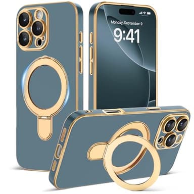 Amzfield Magnetic for iPhone 16 Pro Case with Stand [Compatible with MagSafe] [Full Camera Protection] Cute Slim Phone Case for iPhone 16 Pro Women Girls, Grey Blue