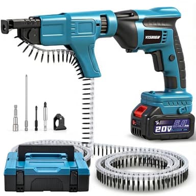 VISHIGH Cordless Drywall Collated Screw Gun with Auto-feed Attachment, Battery-powered Sheetrock Magazine Screwdriver, PH bit with 20V 5Ah Battery and Charger, incl. 100 pcs Collated Screws