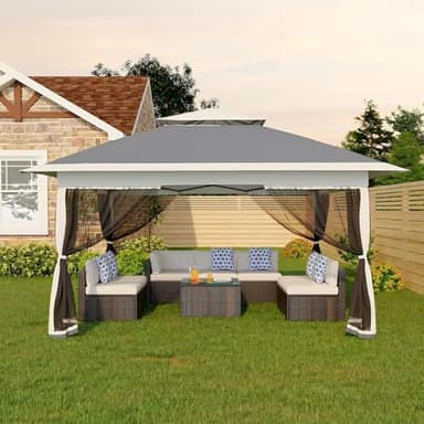 Canopy Tent 13x13 ft, Pop Up Gazebo One-Push Setup with 4 SandBags for Backyard Parties and BBQs, Mosquito Netting & Height Adjustable - Grey