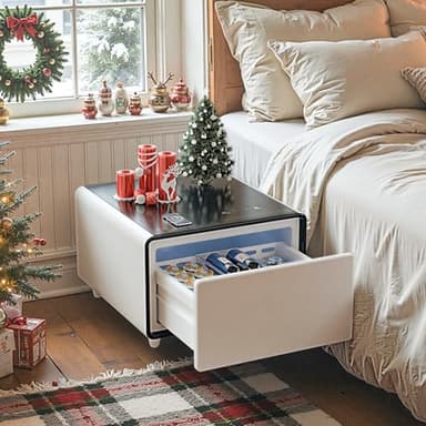 LIVTAB Smart Side Table, Nightstand with Built in Fridge, 27.8" D x 26.5" W x 18.1" H, Mini Coffee Table with 15W Wireless Charging, Modern End Table with USB Chargers and Outlets (LT60, White)