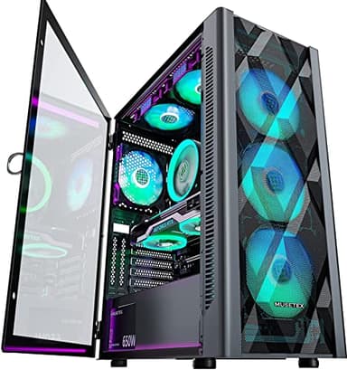 MUSETEX ATX PC Case Pre-Install 6 PWM ARGB Fans, Polygonal Mesh Computer Gaming Case, Opening Tempered Glass Side Panel Mid-Tower Case, USB 3.0 x 2, Black, NN8