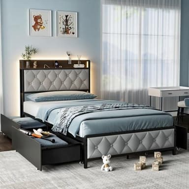 LegacyAmerhome Twin Bed Frame with Button Headboard, PU Leather, All-Metal Support Platform LED Twin Bed with Storage and Outlets, Easy to Install, Stable, Noise-Free (Grey)
