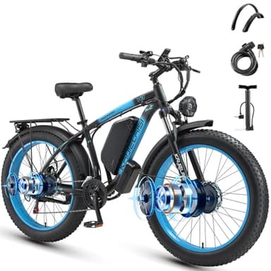 AWD Electric Bike for Adults, Peak 4000W Power 26” Fat Tire Ebike, 34MPH Dual Motor Electric Bicycles, 48V 23AH Removable Battery Fast Dual Hydraulic Brakes Electric Mountain Bike (V3, Black-Blue)