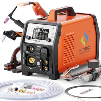 HITBOX Multifunctional Welder Plasma Cutter Combo, 200A 220V Aluminum Pulse MIG/Gas/Flux Core MIG/HF TIG/ 40A Plasma Cutter/Stick/Spot with 2T/4T, Synergy, Large Digital Display